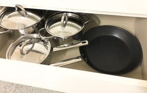 Fridge, microwave, stovetop, cookware/dishes/utensils