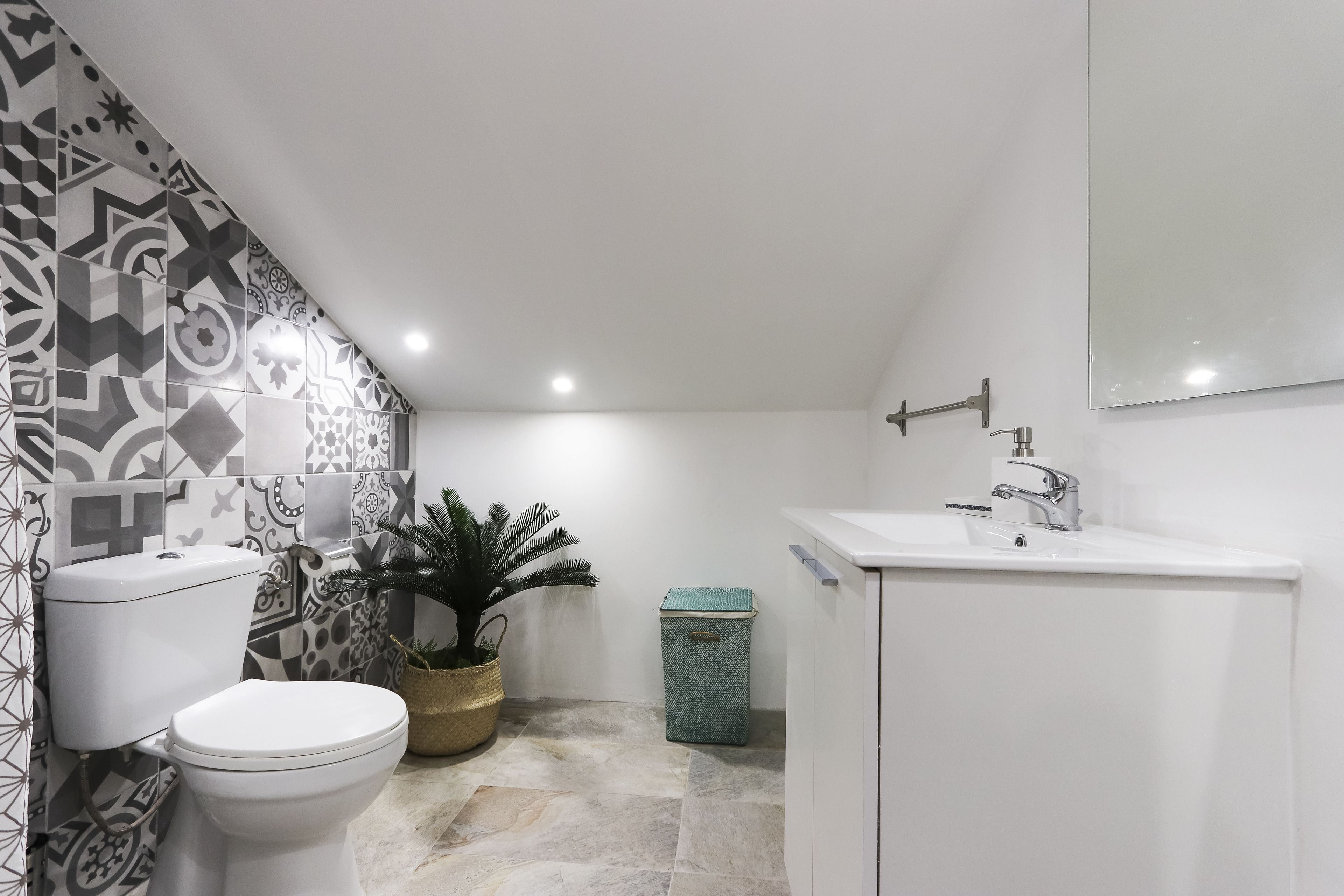A bathroom with a toilet, sink, and a potted plant.