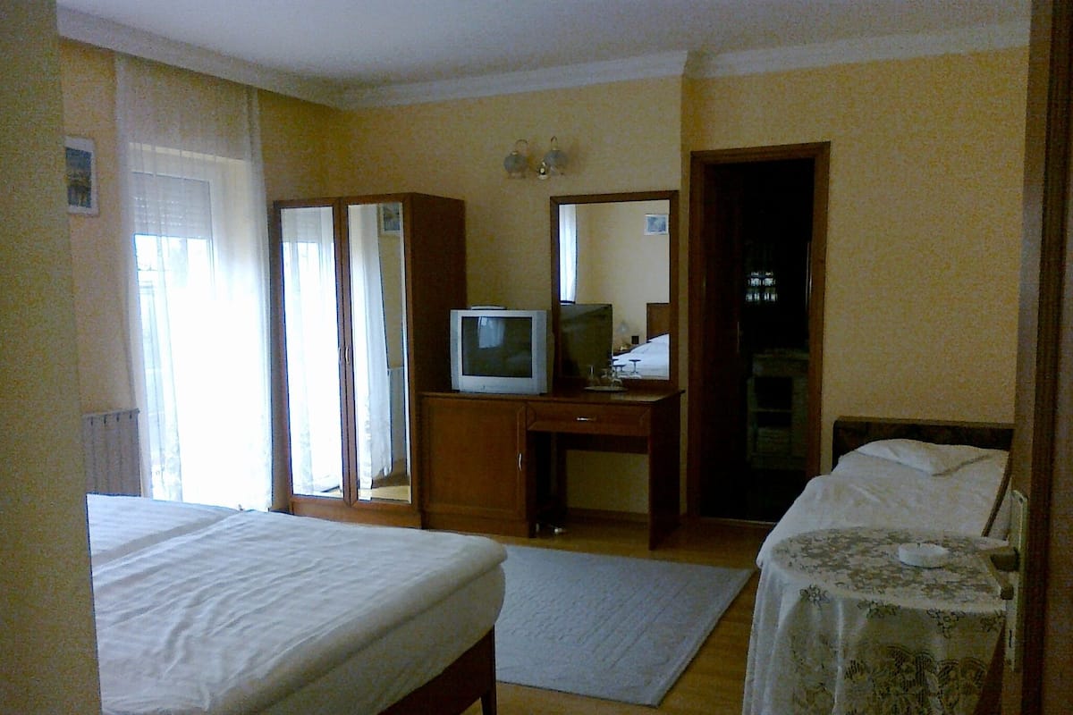 Ein Hotelzimmer mit zwei Betten, einem Schreibtisch mit Fernseher, einem Spiegel und einem Kleiderschrank.