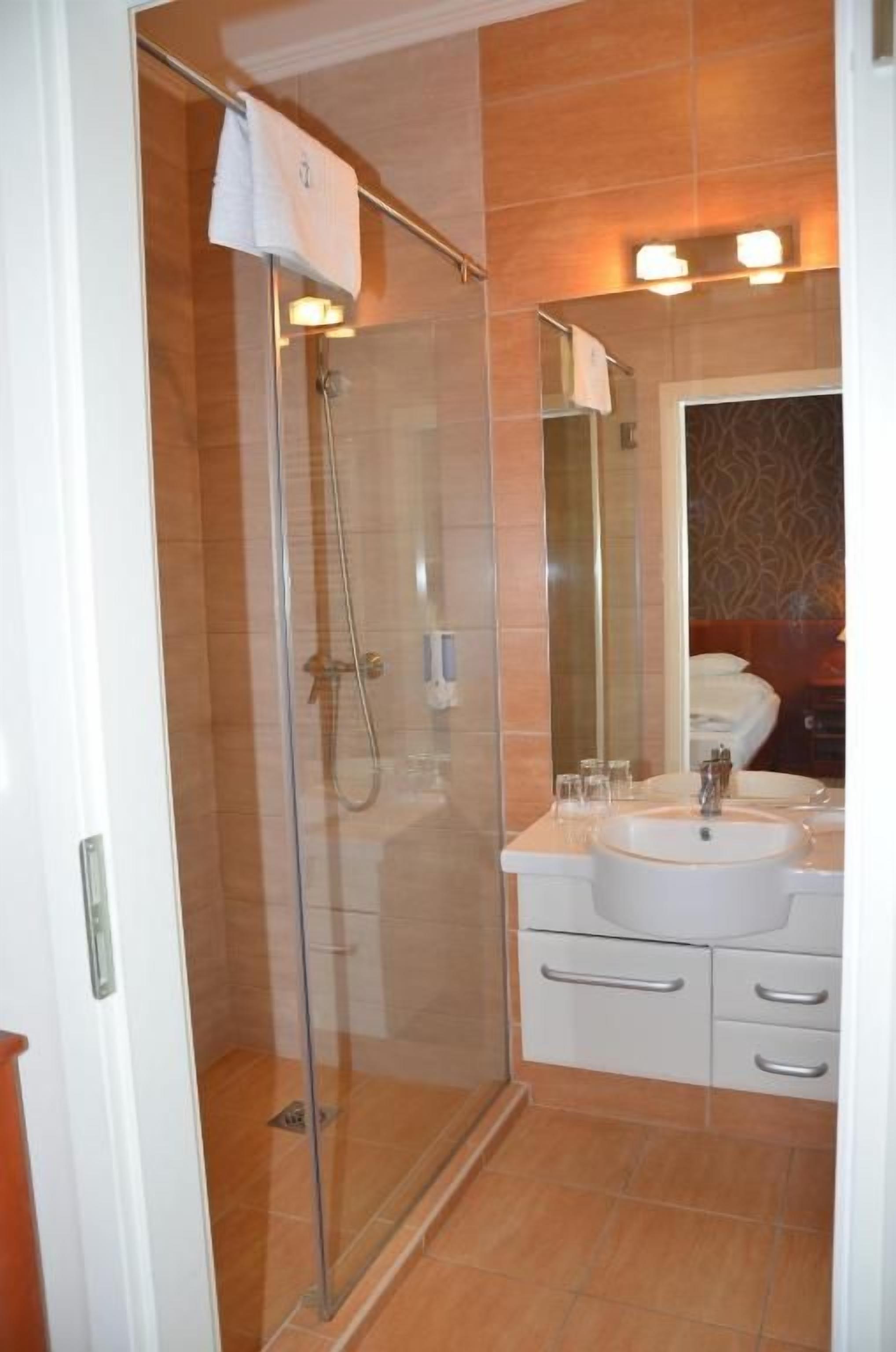 A bathroom with a glass-enclosed shower, a sink, and a mirror.