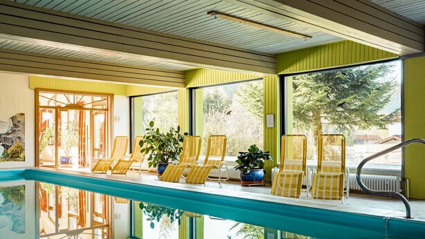 A pool area with yellow chairs and potted plants, large windows, and a view of trees. - Garni GrünWies - Adults Only (Lohberg)