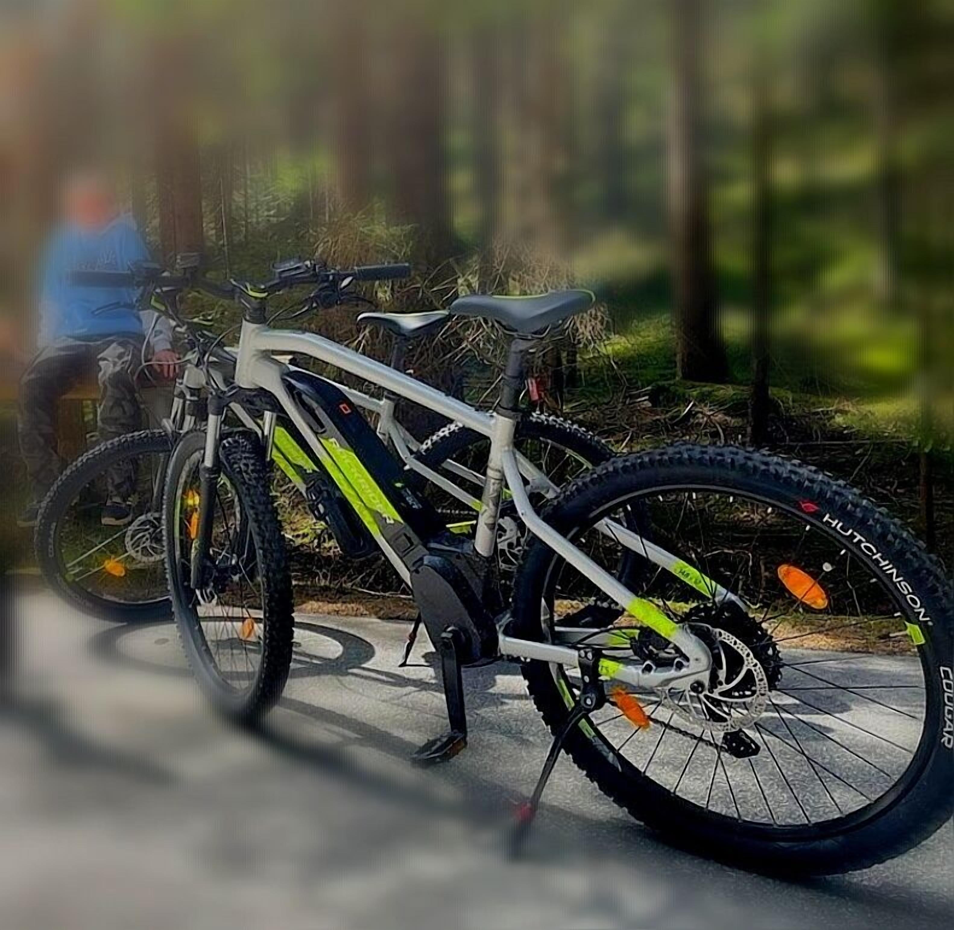 Un vélo tout-terrain équipé d’une fourche à suspension avant, d’une fourche à suspension arrière et d’un système de freins à disque, garé sur un chemin pavé dans une zone boisée.