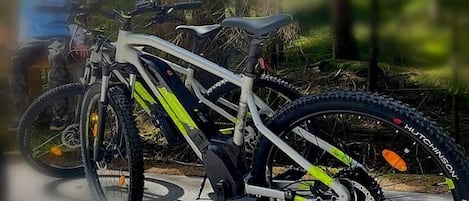 Un vélo tout-terrain équipé d’une fourche à suspension avant, d’une fourche à suspension arrière et d’un système de freins à disque, garé sur un chemin pavé dans une zone boisée.