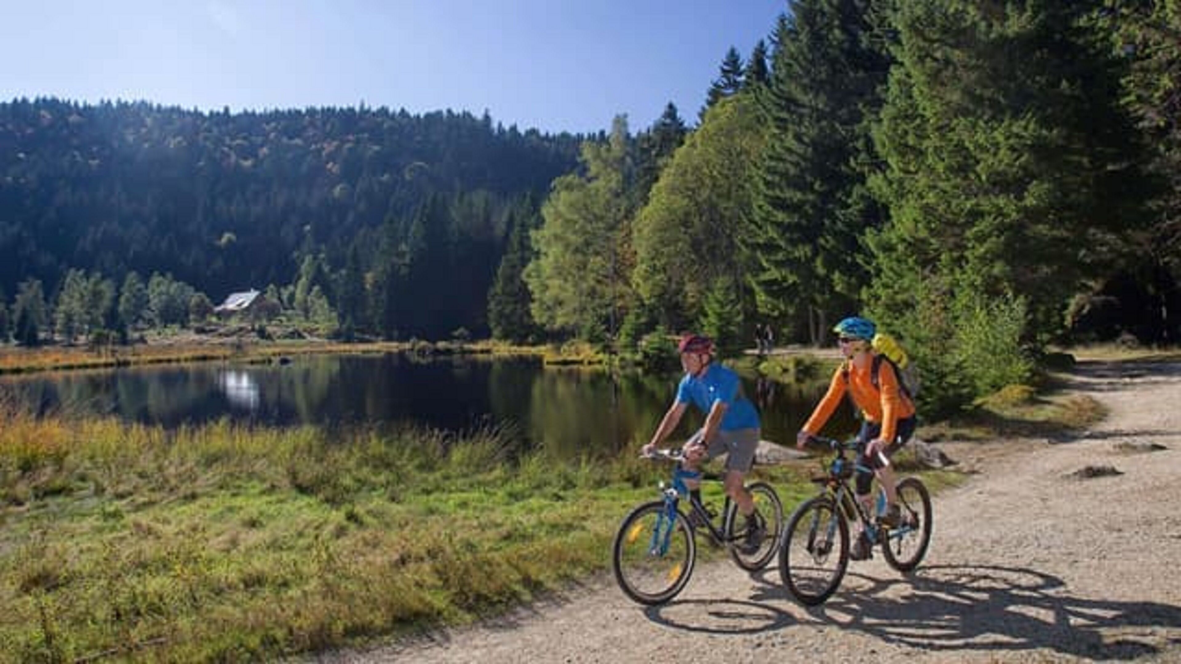 Dos ciclistas en un sendero de grava, con un lago y un bosque al fondo.
