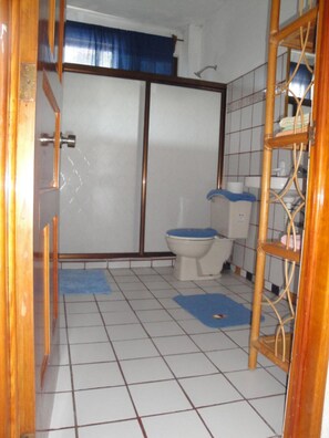 Un baño pequeño con inodoro, ducha y estante de madera.