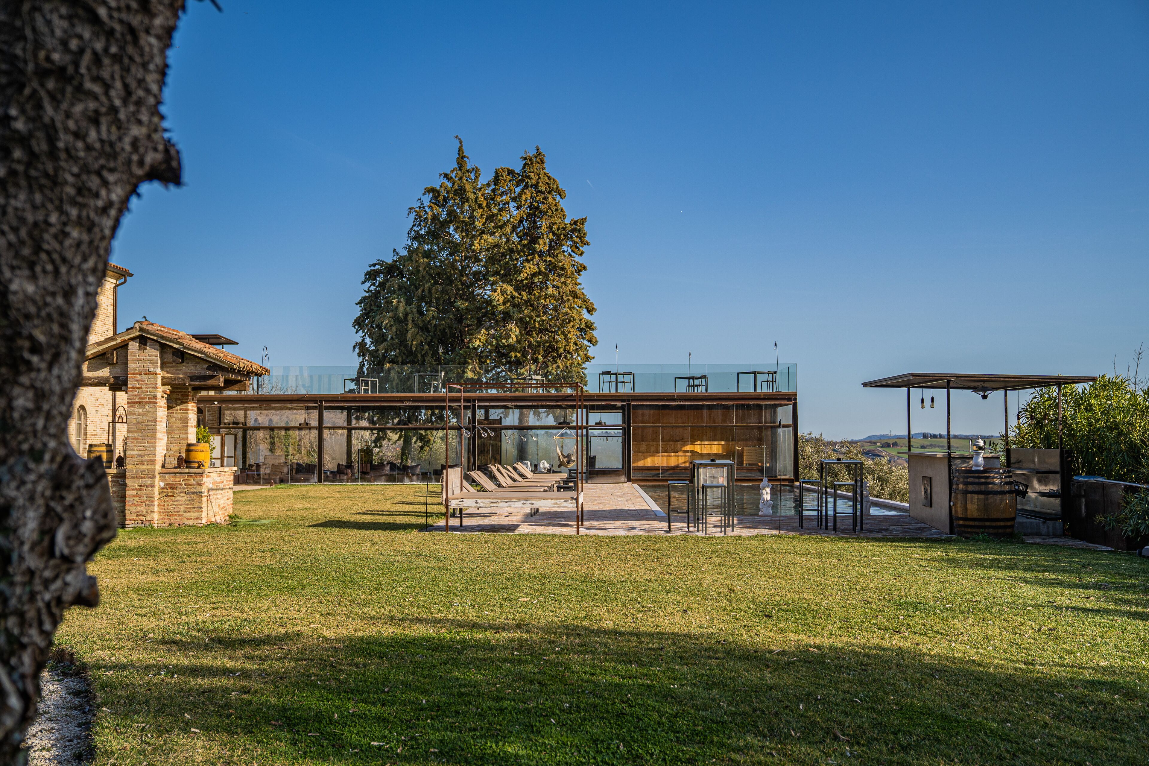 Un edificio moderno con fachada de vidrio, un patio con mesas y sillas, y un árbol grande al fondo.