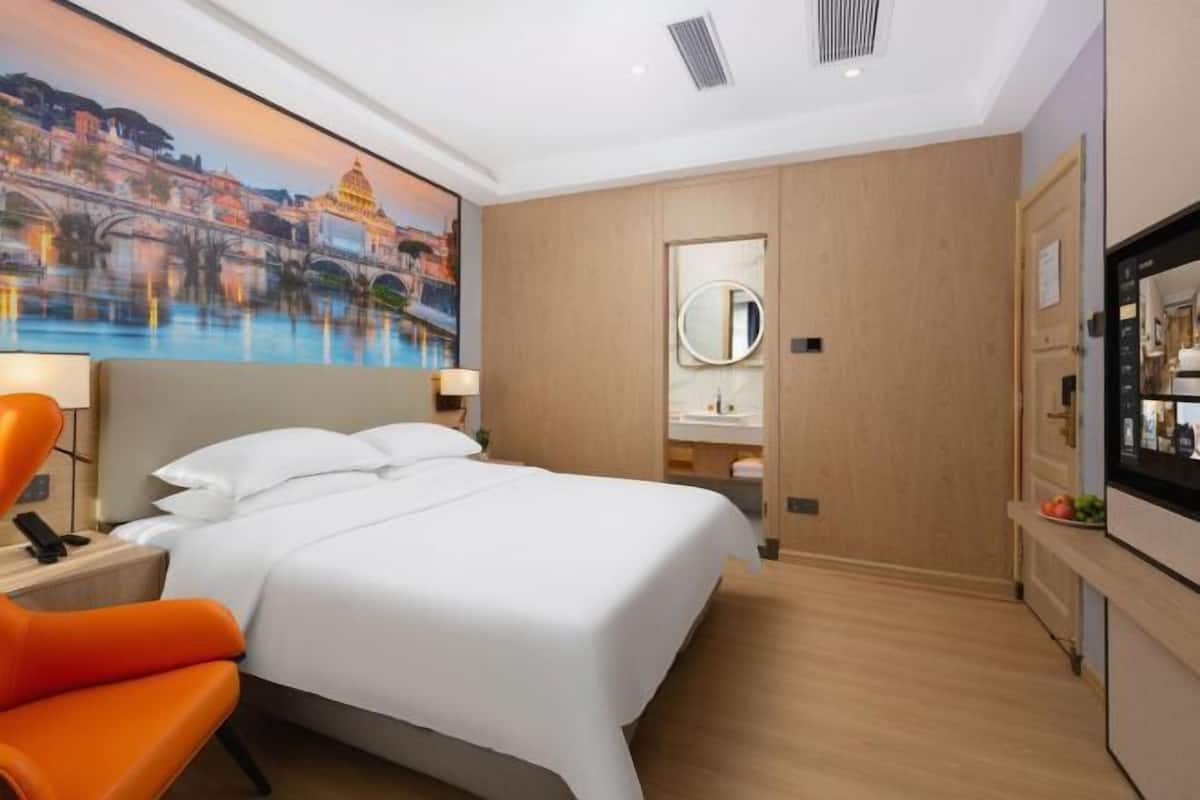 Une chambre d’hôtel avec un lit, une table de chevet, un miroir, une télévision et un tableau au mur.