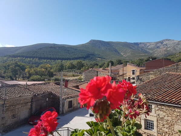 A rural village with stone buildings, a clear sky, and mountains in the background.