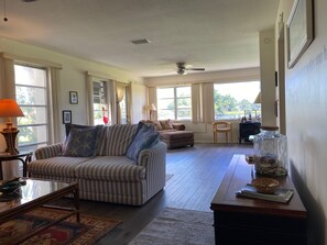 TV, fireplace, books, stereo