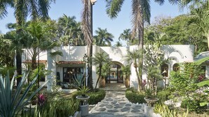 A stone pathway leading to a building with arched entrances, surrounded by lush tropical plants and palm trees. - Paradise Beach Lodge (Cóbano)
