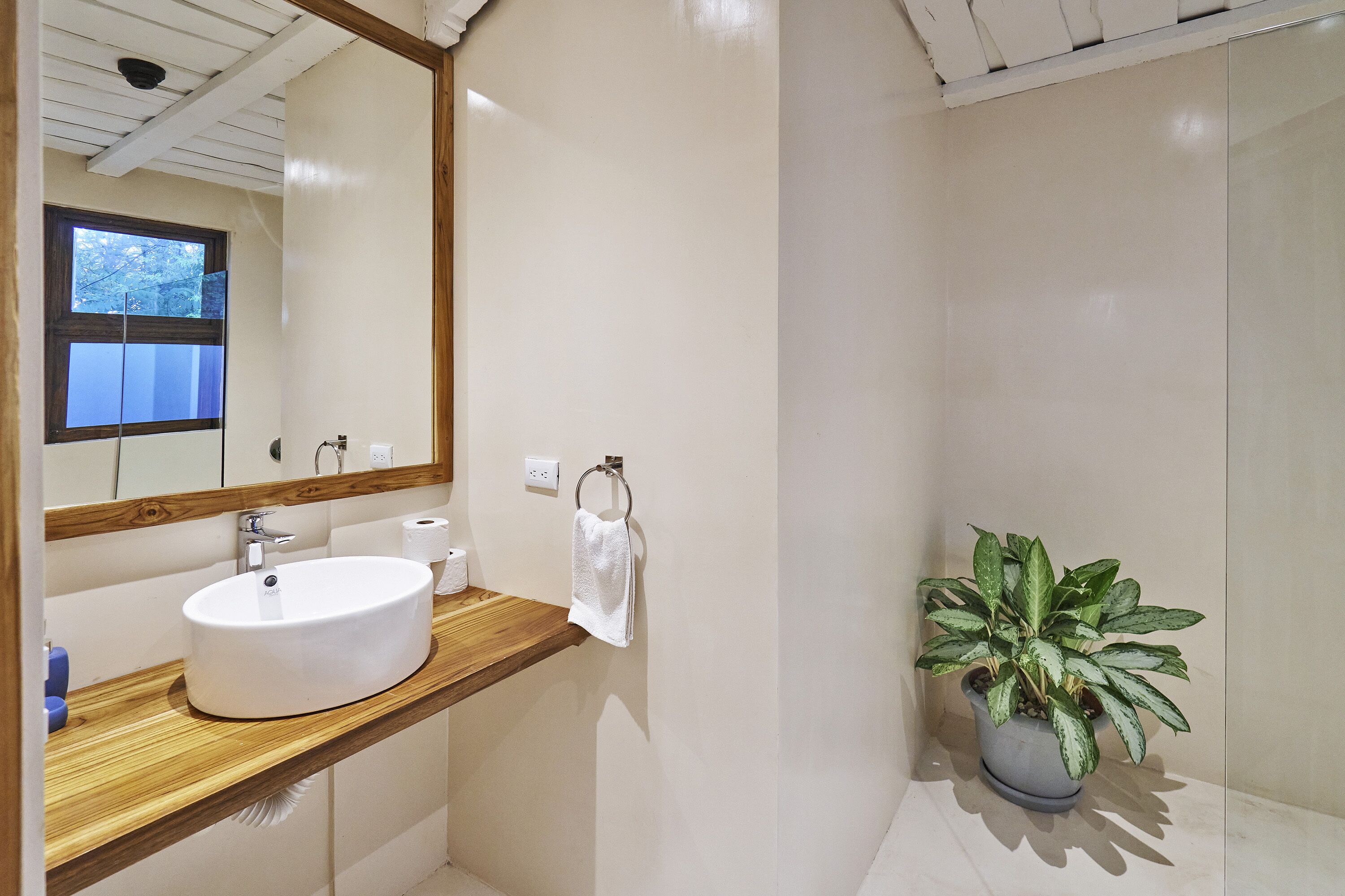 Un baño con tocador de madera, un lavabo blanco, un espejo, perchero para toallas, planta en maceta y ventana.