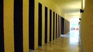 Ein langer, schmaler Gang mit abwechselnd gelben und schwarzen Wänden und Holzboden.