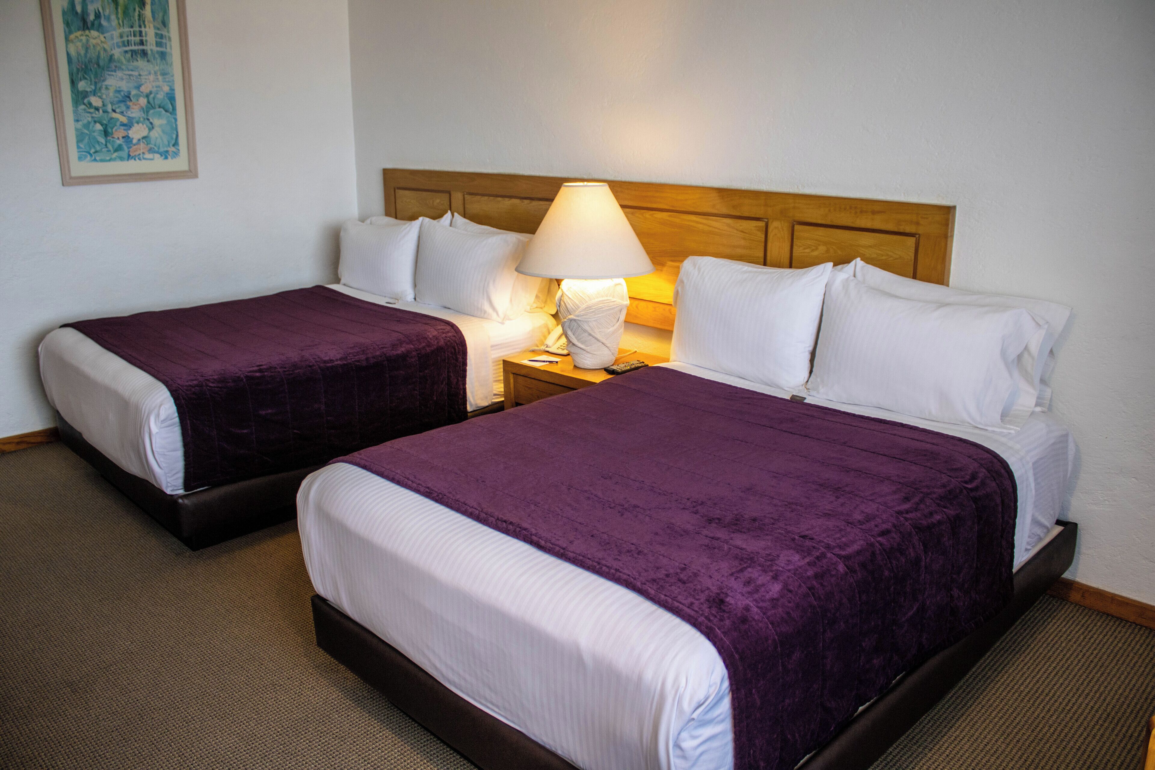A hotel room with two beds, each with a purple bedspread, white pillows, and a wooden headboard. There is a nightstand with a lamp between the beds.