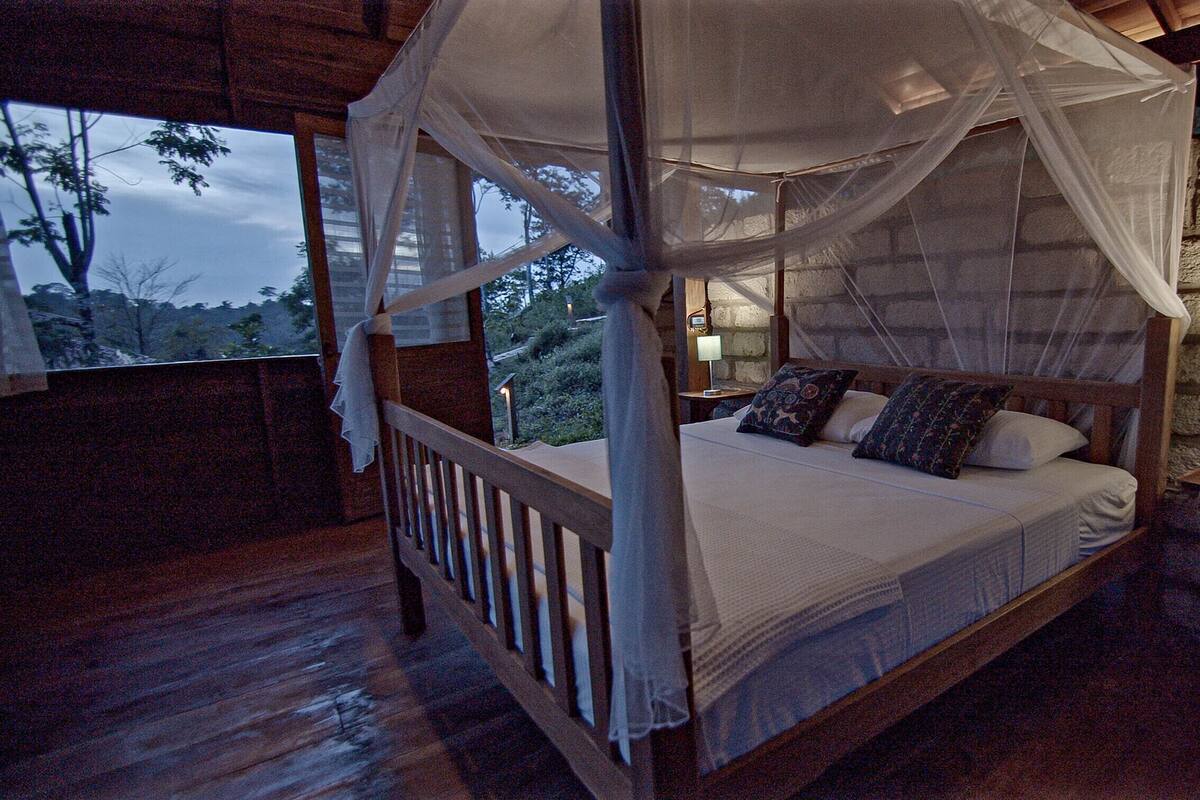 A four-poster canopy bed with a view of the outdoors through a window.