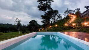 Una piscina rectangular con bordes de azulejos, rodeada de vegetación y una terraza de madera.