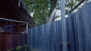 Una valla de madera con un portón de metal, una estructura de techo de paja y una planta colgante.