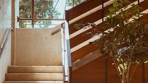 A staircase with wooden steps and metal railings, leading to a room with large windows and a potted plant. - The Carpenter Hotel (Austin)