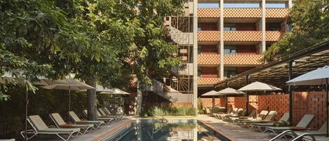 Outdoor pool, open 8:00 AM to 10:00 PM, pool umbrellas, pool loungers