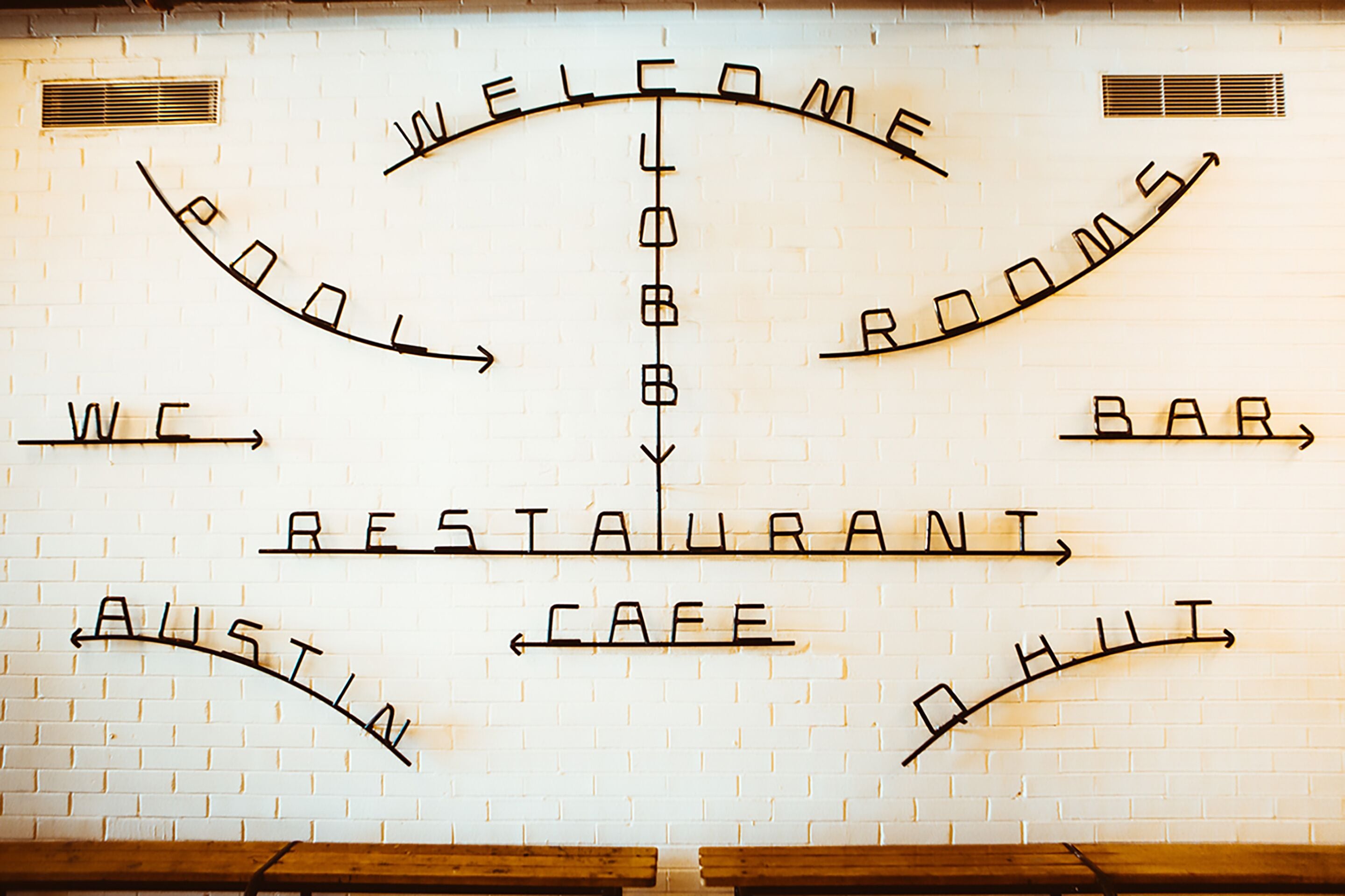 A wall with directional signs pointing to various areas: Welcome, Lobby, WC, Bar, Restaurant, Cafe, Austin, and Hill.