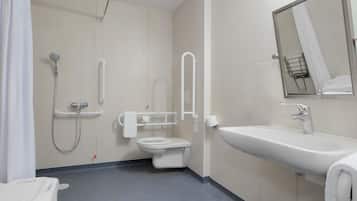 Shower, hair dryer, soap, shampoo