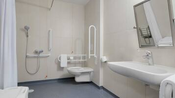 Shower, hair dryer, soap, shampoo