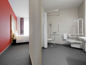 Shower, hair dryer, soap, shampoo