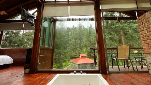 A spacious room with a large window, a wooden floor, a white bathtub, and a view of a forested area. - Quinta Los Azufres (Ciudad Hidalgo)
