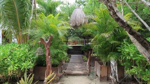 A wooden pathway leading through a lush garden with various plants and a thatched structure overhead. - Hotel Casa HX - Adults Only (Isla Holbox)
