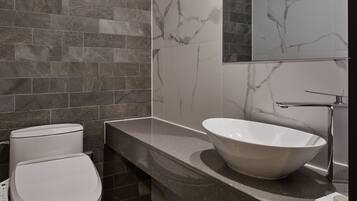 A modern bathroom with a toilet, a large sink with a basin, and a mirror.