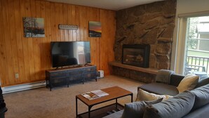 Una sala de estar con paredes de madera, una chimenea de piedra, un televisor y un sofá.