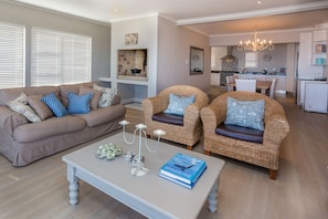 Superior House, 4 Bedrooms, Sea View, Oceanfront | Living area | 50-inch flat-screen TV with satellite channels, TV, fireplace - Gansbaai Seafront Holiday House: Ons C-huis (Gansbaai)