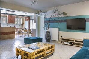 Smart TV, fireplace, video games, DVD player