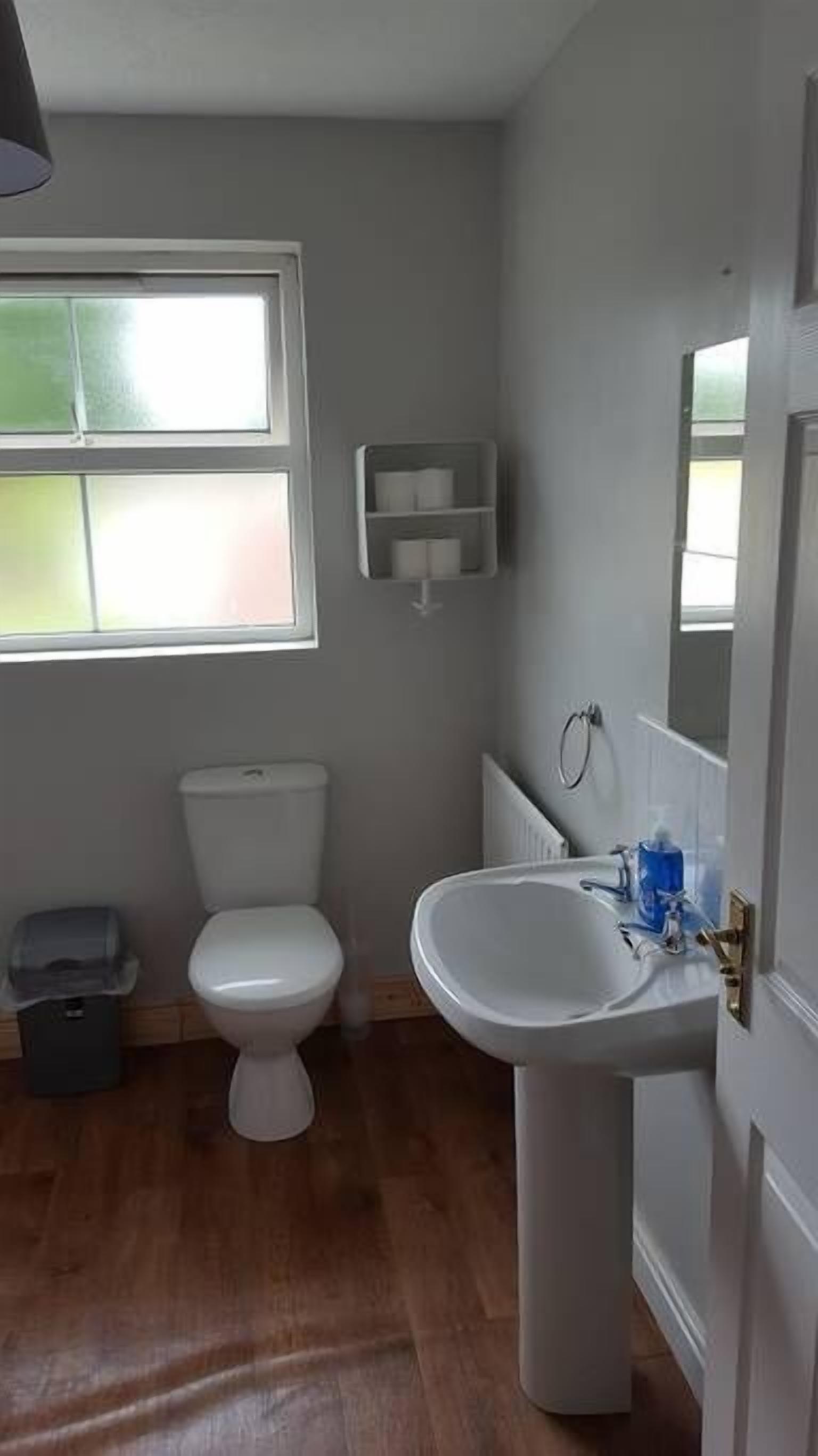 Un baño con inodoro, lavamanos, ventana y radiador.