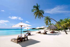 Una playa de arena blanca, palmeras y sillones de playa bajo sombrillas.