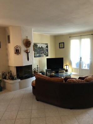 Télévision, cheminée, lecteur de DVD, livres