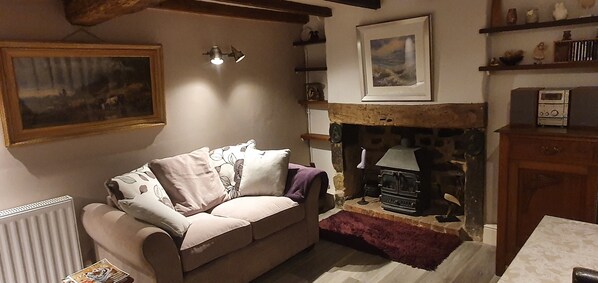 TV, fireplace, DVD player, books