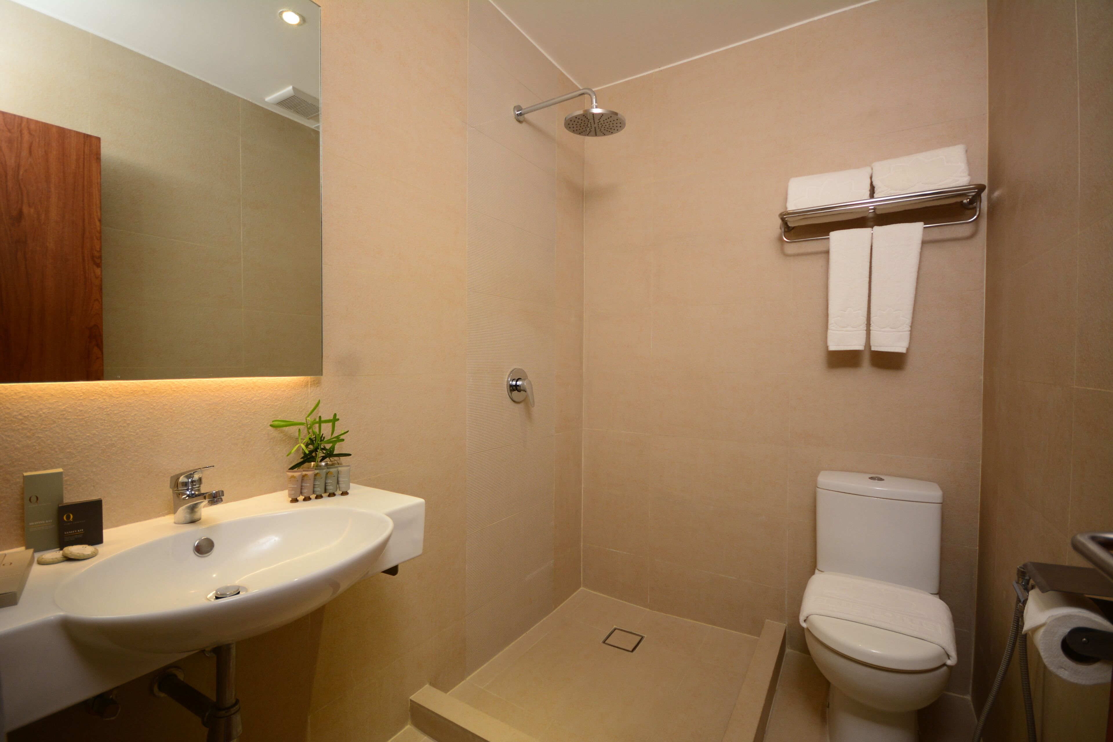 family room | bathroom | shower, rainfall showerhead, free toiletries, hair dryer