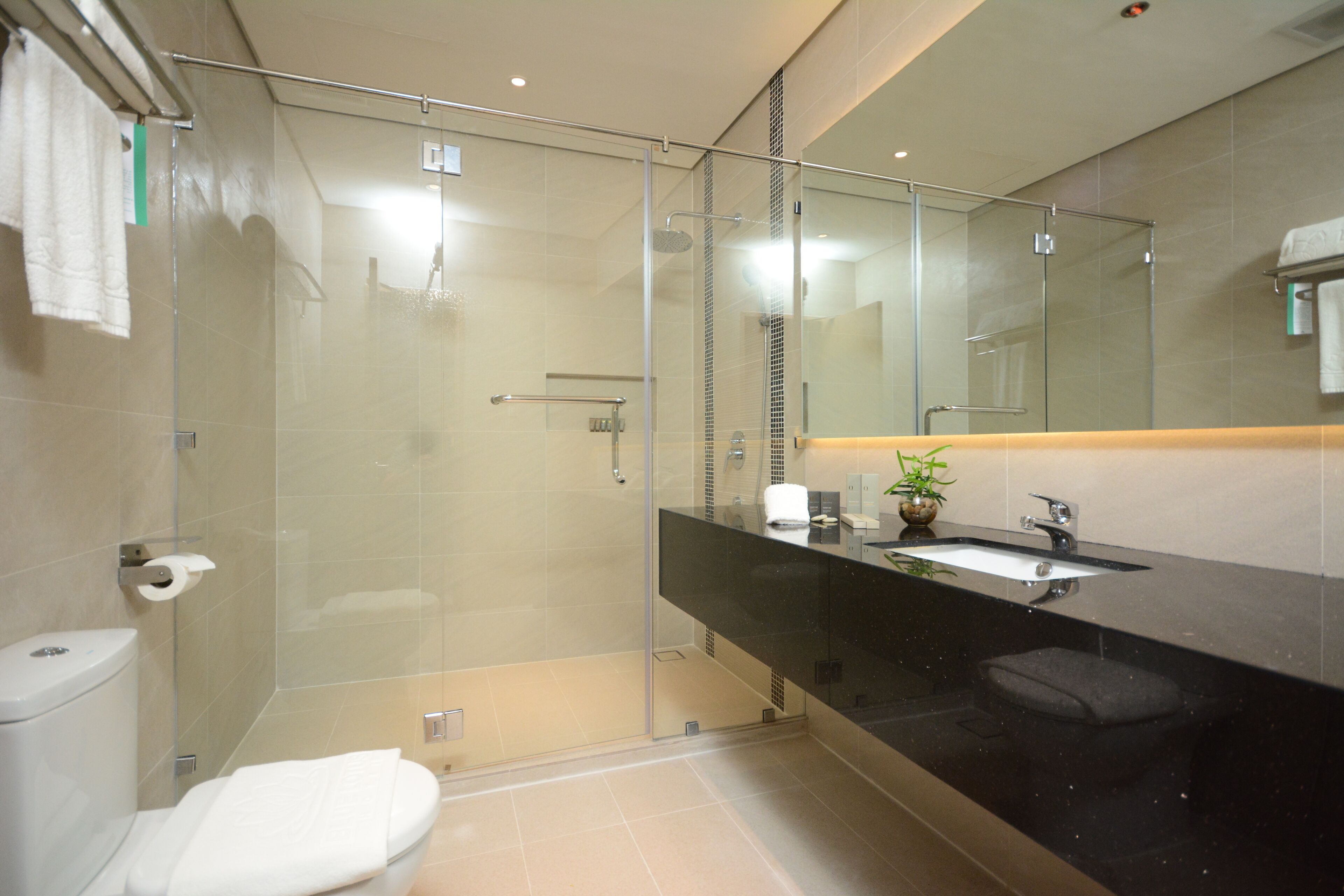 junior suite twin | bathroom | shower, rainfall showerhead, free toiletries, hair dryer