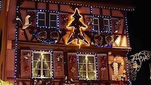 A building with multiple windows, some adorned with Christmas decorations.