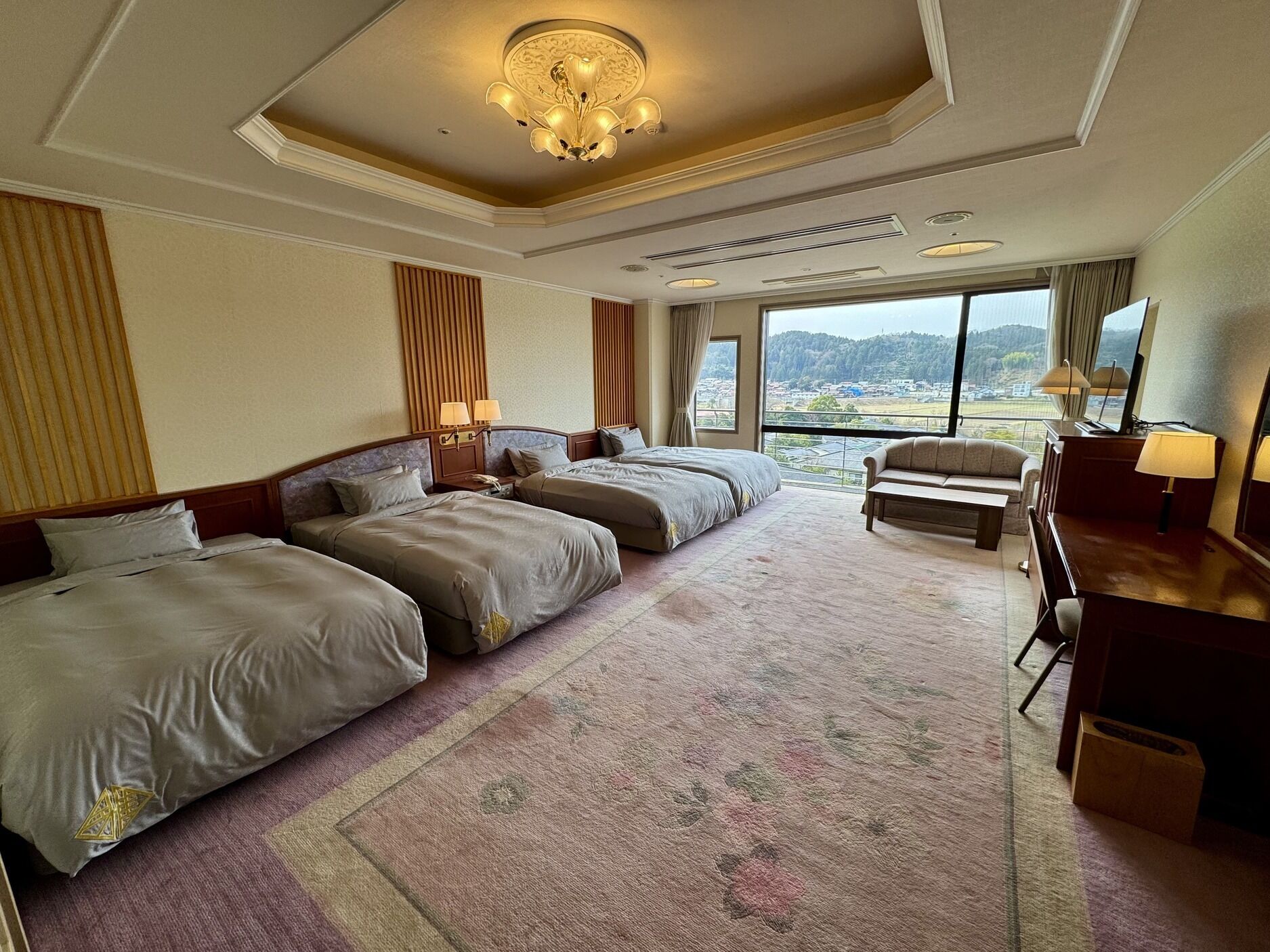 Quarto de hotel com uma cama grande, uma escrivaninha, uma cadeira e vista para a paisagem.