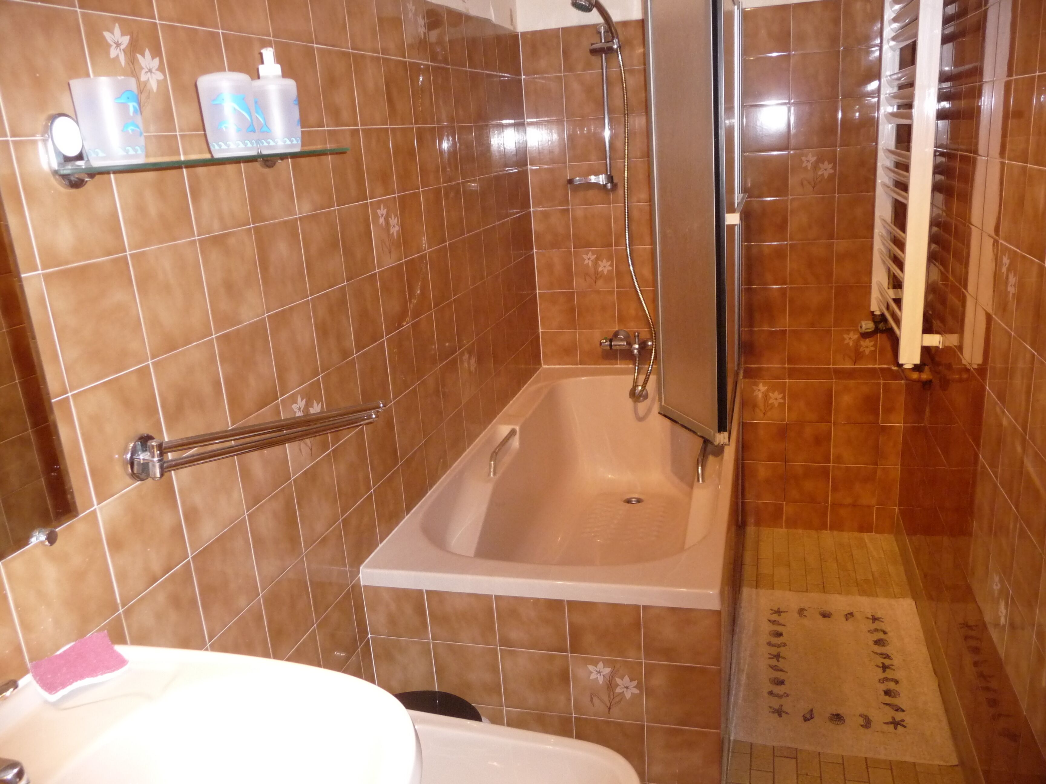 Combined shower/tub, hair dryer, bidet, towels
