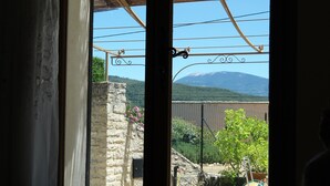 Vista a través de una ventana que muestra un muro de piedra y una reja metálica, dando a un jardín con flores y una montaña al fondo.