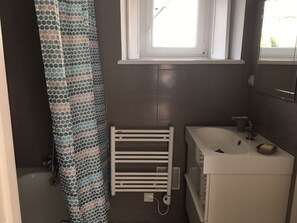 Hair dryer, towels, soap, shampoo