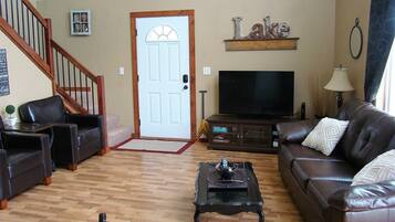 Télévision, cheminée, lecteur de DVD, vidéothÚque