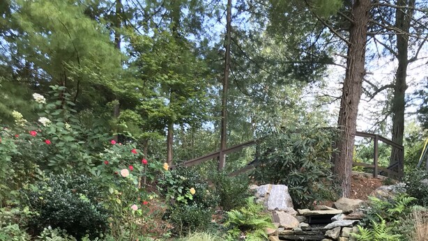 Une cascade artificielle en pierre, située dans un jardin agrémenté de verdure et traversée par un pont en bois.