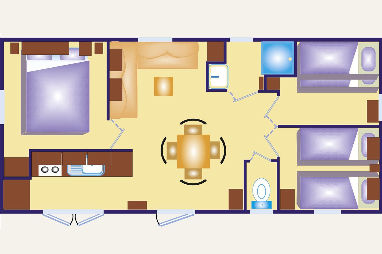 Indeling van een hotelkamer met een bed, nachtkastje, televisie, badkamer en een eethoek.