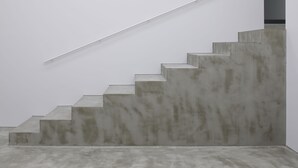 Una escala de disseny minimalista, de formigó, que condueix a una zona d'aterratge de color fosc.