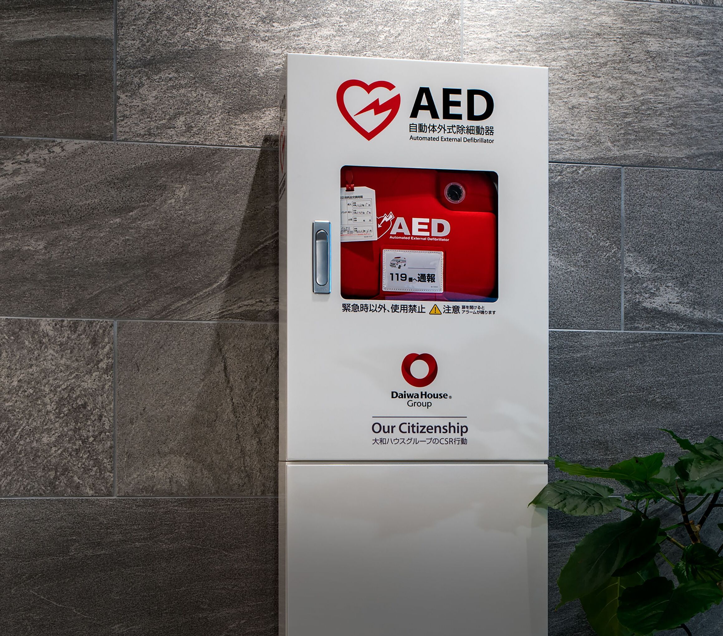 Ein automatisierter externer Defibrillator an einer Wand angebracht, daneben eine Pflanze.