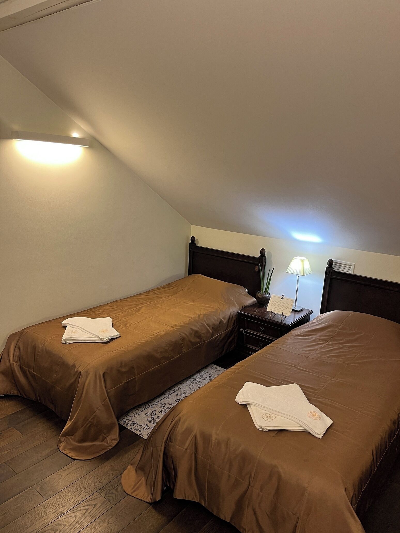 Dos camas individuales con ropa de cama marrón, una mesita de noche con lámpara y una pequeña mesa con un florero.
