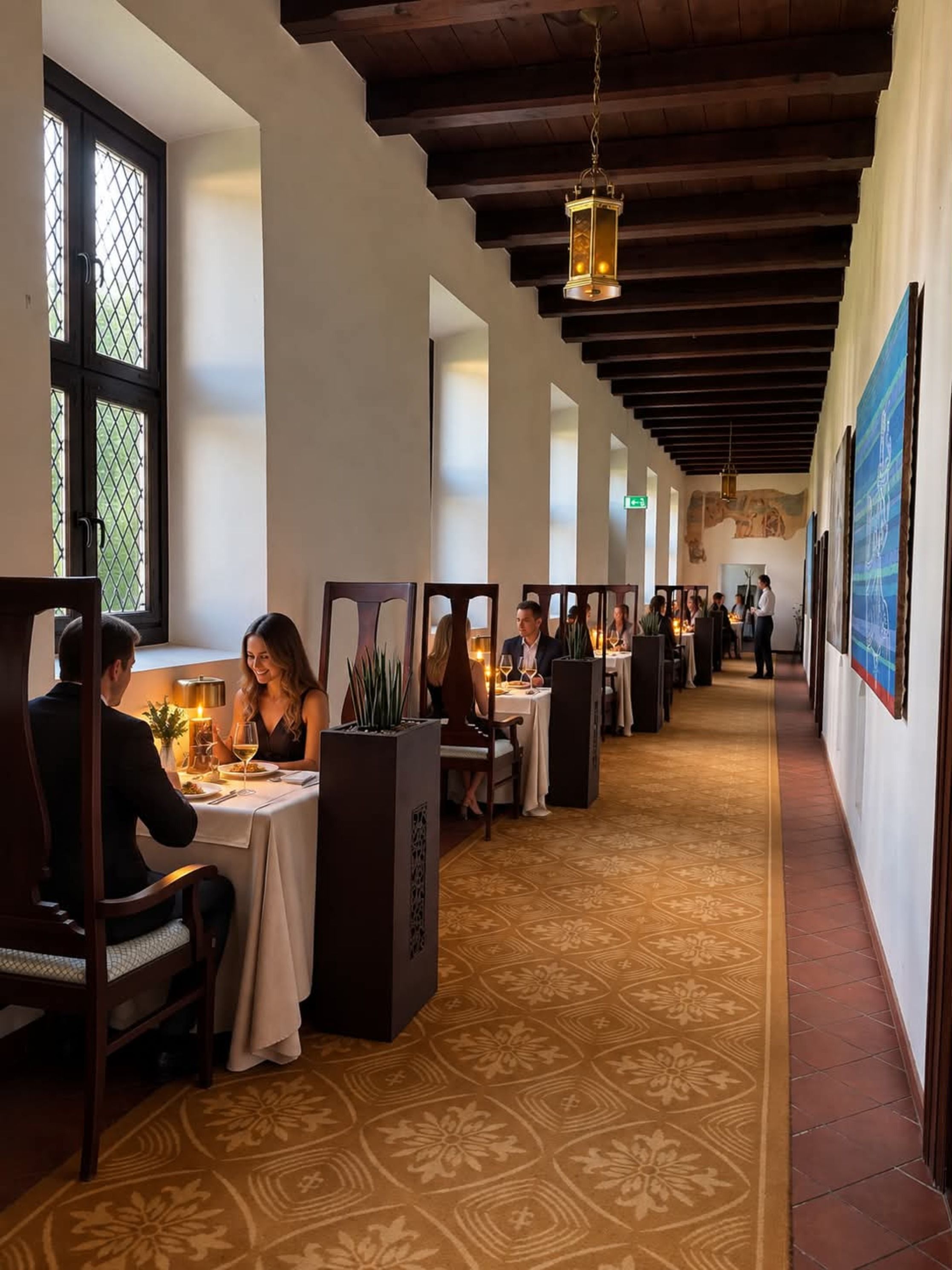 A corridor with tables and chairs, a patterned carpet, and a hanging light fixture.